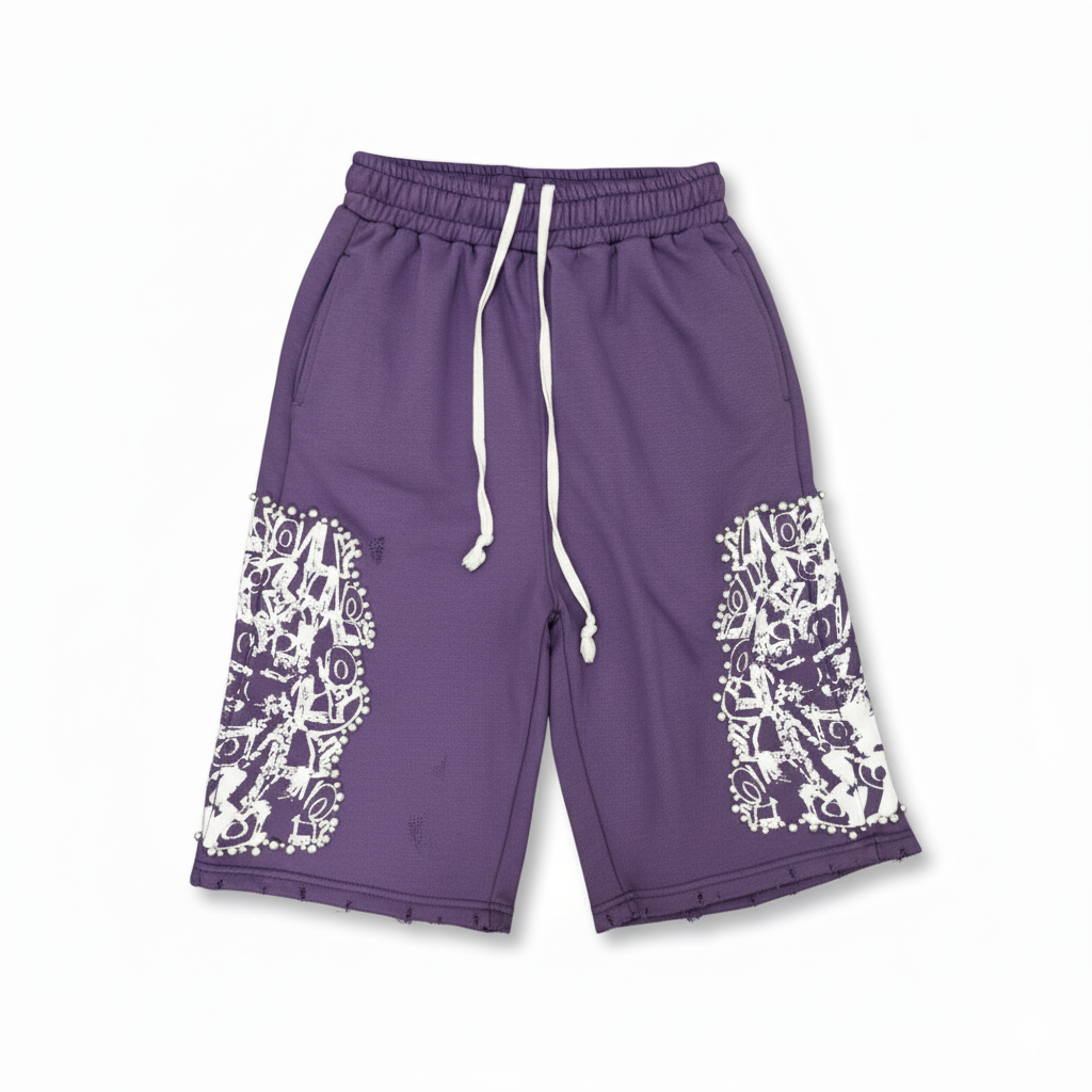 Purple Rhinestone Baggy Shorts